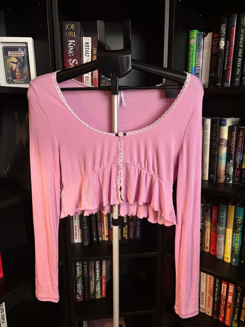 Out From Under Long Sleeve Crop Top Size L Pink Ribbed Lace Trim